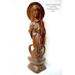 Antieke Handgesneden Teakhouten Madonna met Kind 35cm