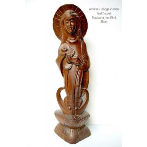 Antieke Handgesneden Teakhouten Madonna met Kind 35cm