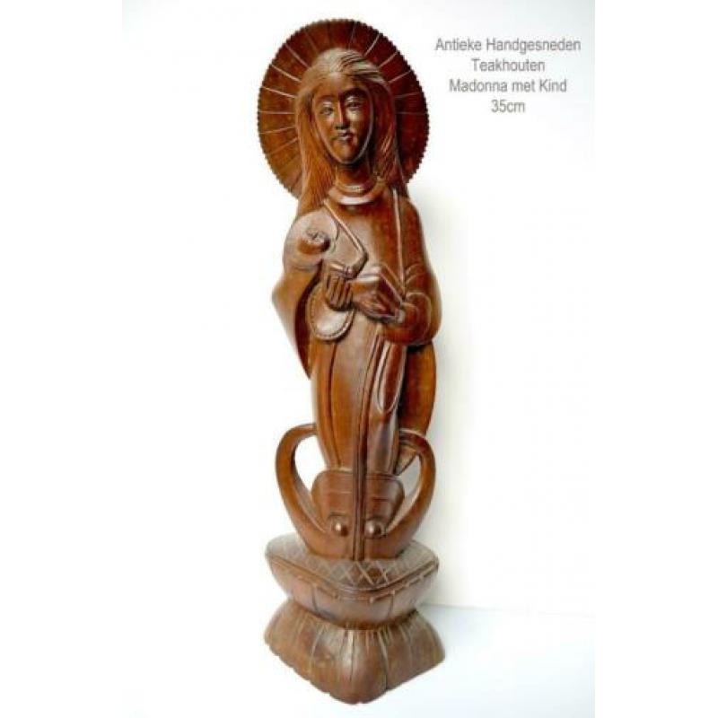 Antieke Handgesneden Teakhouten Madonna met Kind 35cm