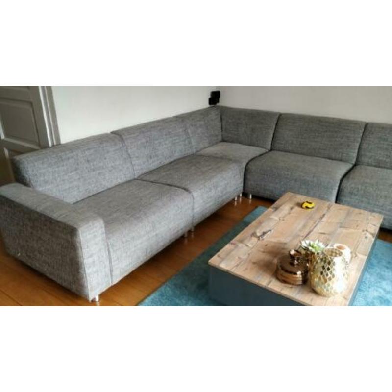 Grote stoffen hoekbank met longchair grijs gemêleerd 363x272