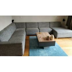 Grote stoffen hoekbank met longchair grijs gemêleerd 363x272
