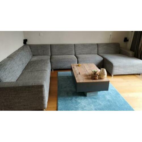 Grote stoffen hoekbank met longchair grijs gemêleerd 363x272
