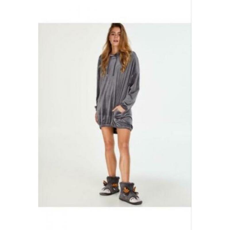 Hunkemöller badjas velours hoodie lounge jurk huispak grijs