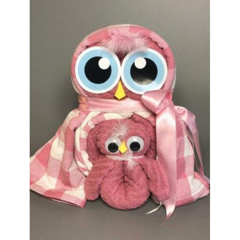 Cadeau Set Handdoeken en Theedoeken uil fuchsia roze