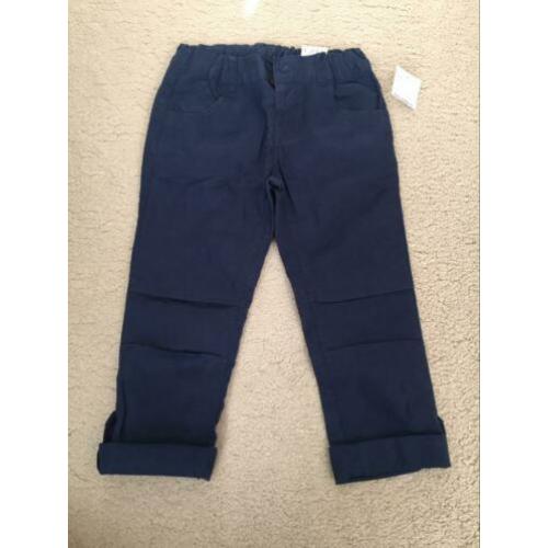 Nieuwe stoere donkerblauwe linnen broek, maat 122.