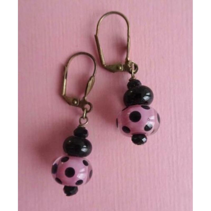 jwg Vintage 60s Polkadot glas kralen oorbellen paars zwart