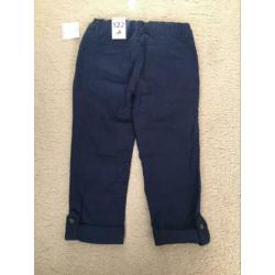 Nieuwe stoere donkerblauwe linnen broek, maat 122.