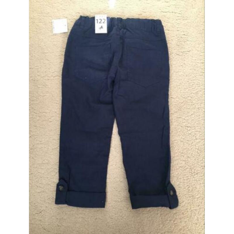 Nieuwe stoere donkerblauwe linnen broek, maat 122.