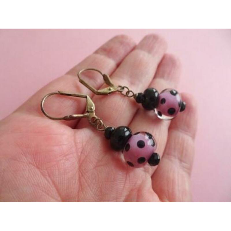 jwg Vintage 60s Polkadot glas kralen oorbellen paars zwart
