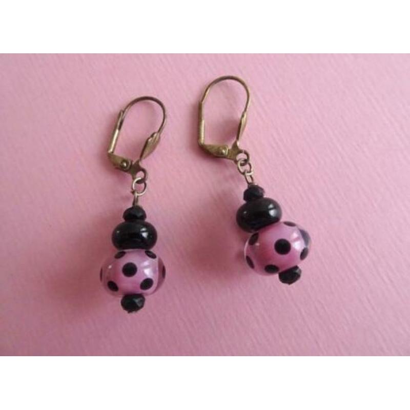 jwg Vintage 60s Polkadot glas kralen oorbellen paars zwart