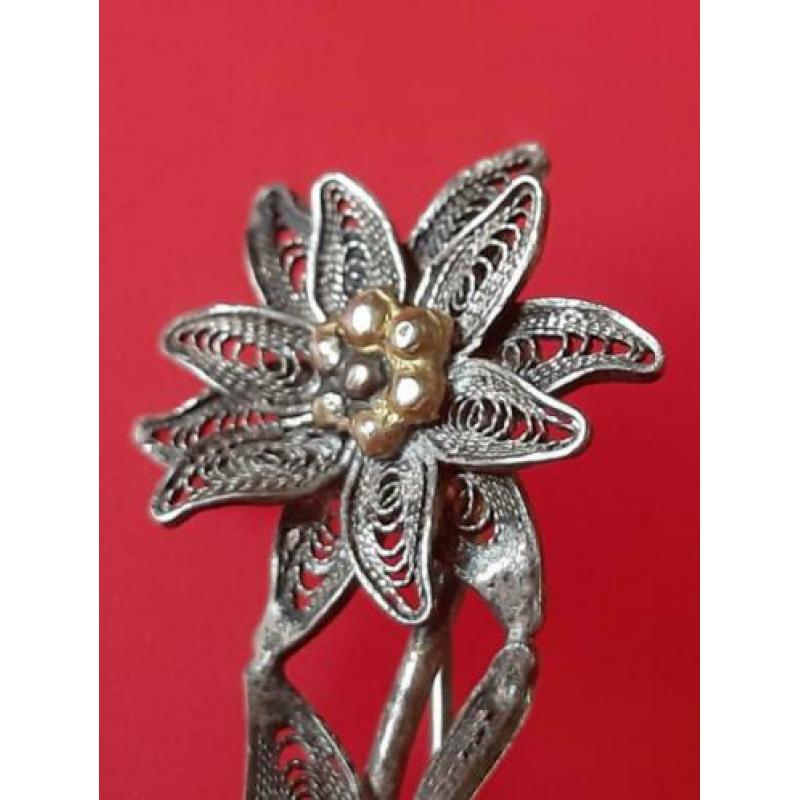 fijne antieke zilveren filigrain edelweiss pin gemerkt