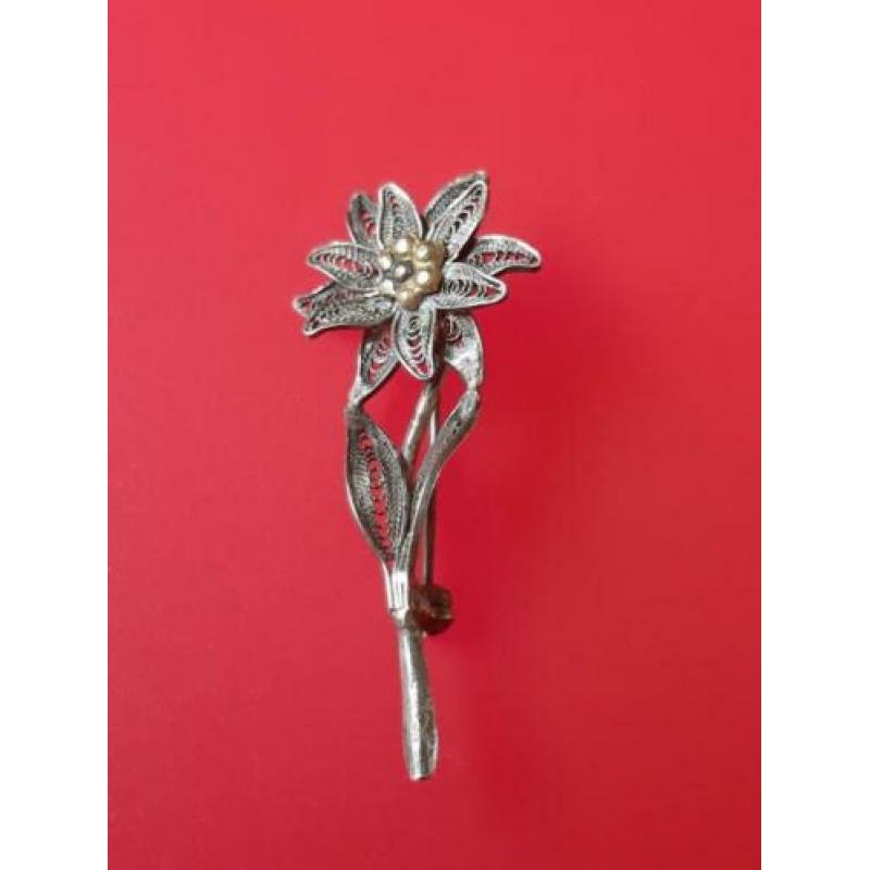 fijne antieke zilveren filigrain edelweiss pin gemerkt