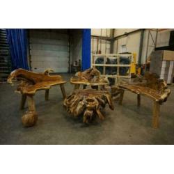 Teak wortelhouten meubels, salontafel, bankjes, decoratie