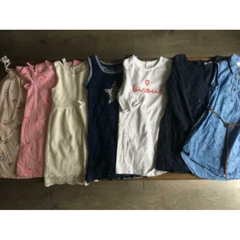Setje jurkjes zomer maat 110-116 blauw wit roze kant ruffles