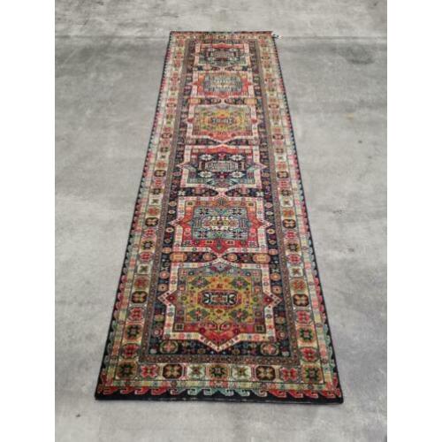 Vintage oosterse tapijt loper blue stars corona wol 90x288cm