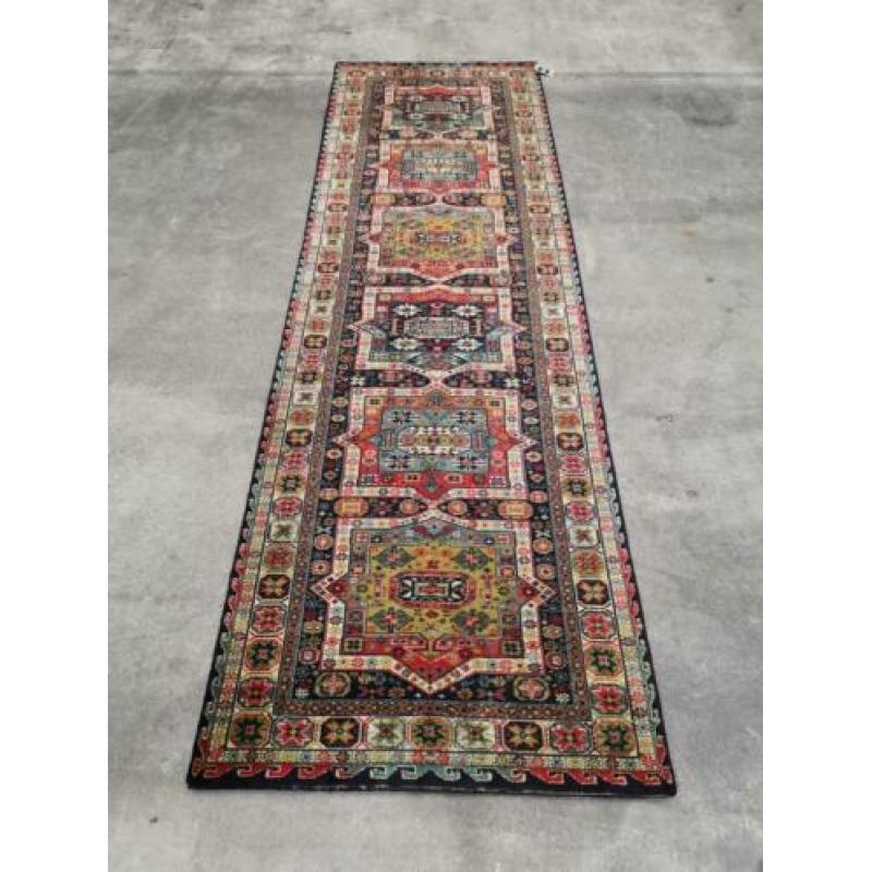 Vintage oosterse tapijt loper blue stars corona wol 90x288cm