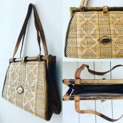 Vintage 70 ties bohemian tas met bamboe en stro