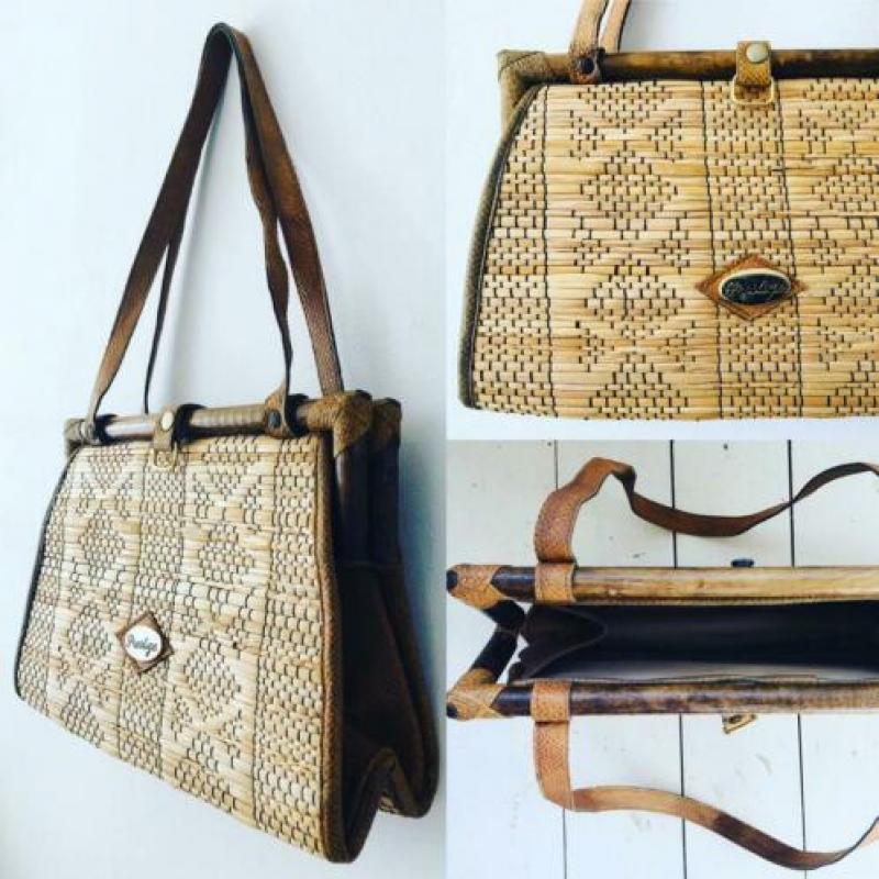 Vintage 70 ties bohemian tas met bamboe en stro