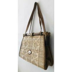 Vintage 70 ties bohemian tas met bamboe en stro