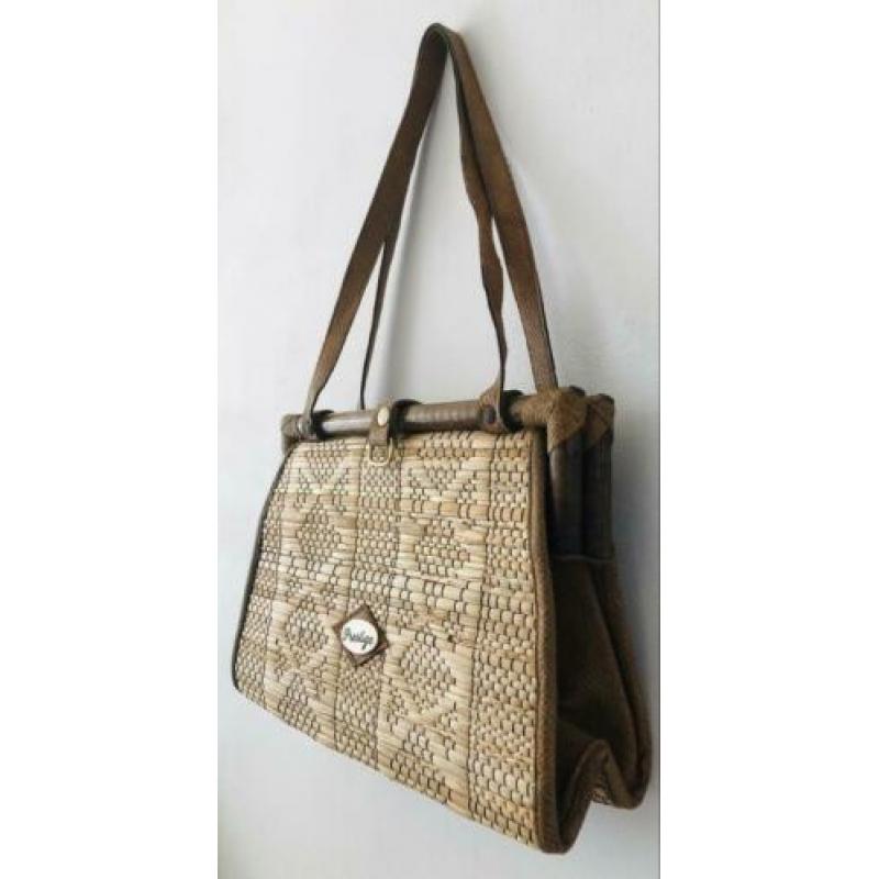 Vintage 70 ties bohemian tas met bamboe en stro
