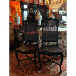 Zwart gelakte Louis XV webbing stoelen set met hoge rug
