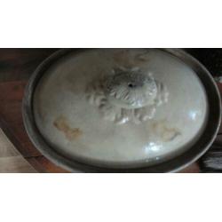 prachtige antieke FRANSE PATÉ TERRINE + DEKSEL, OKERGEEL