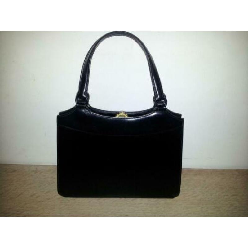Zeer mooie vintage retro zwarte lederen handtas