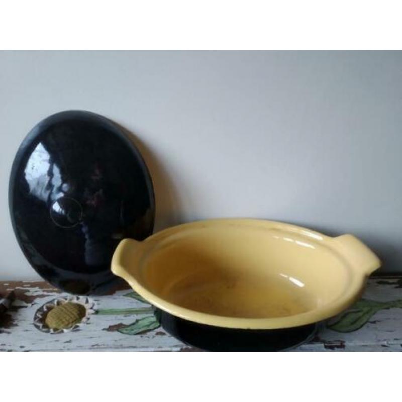 Emaille zwart met geel dekselpan dekselpannetje deksel pan