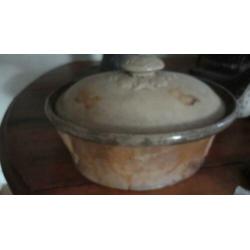 prachtige antieke FRANSE PATÉ TERRINE + DEKSEL, OKERGEEL