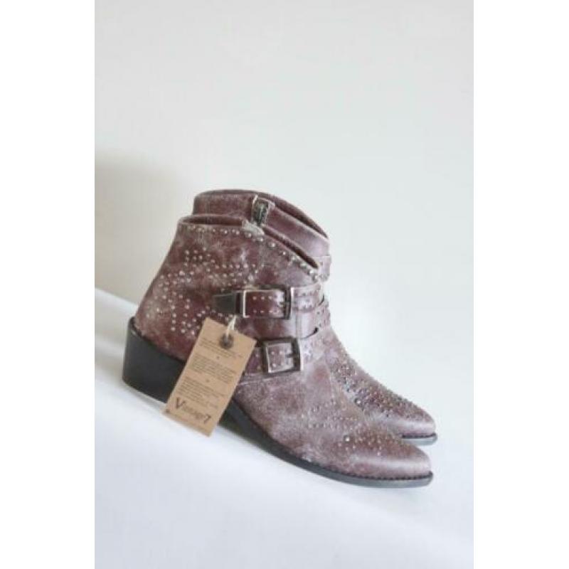 Nieuw! Vintage7 - Donker rood lederen boots met studs - 38