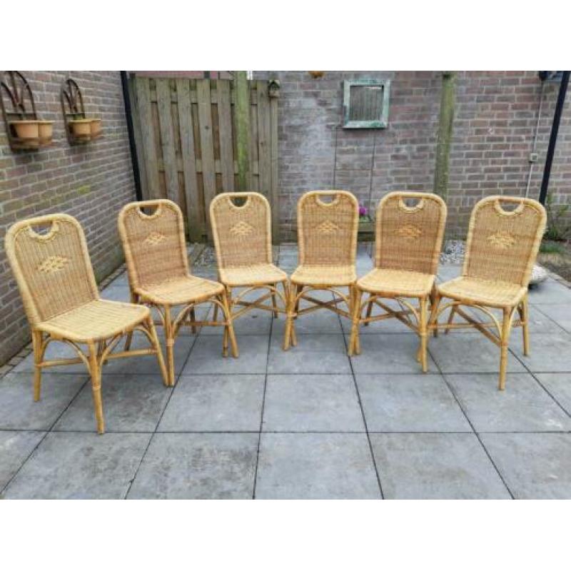 6 Rieten stoelen met tafel