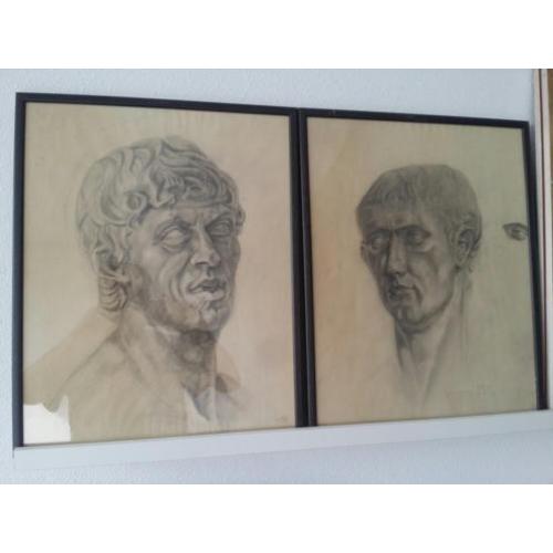 Twee mannen portretten. Potlood. Gesigneerd.