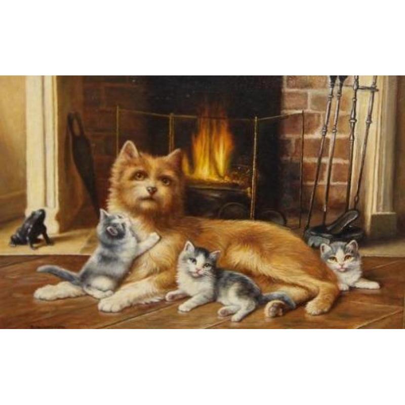 Bert Notenboom 1942-201 Haardvuur/3 Kittens/Hond/Int.