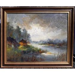 John Bevort - Landschap, olieverf op doek (ingelijst, groot)