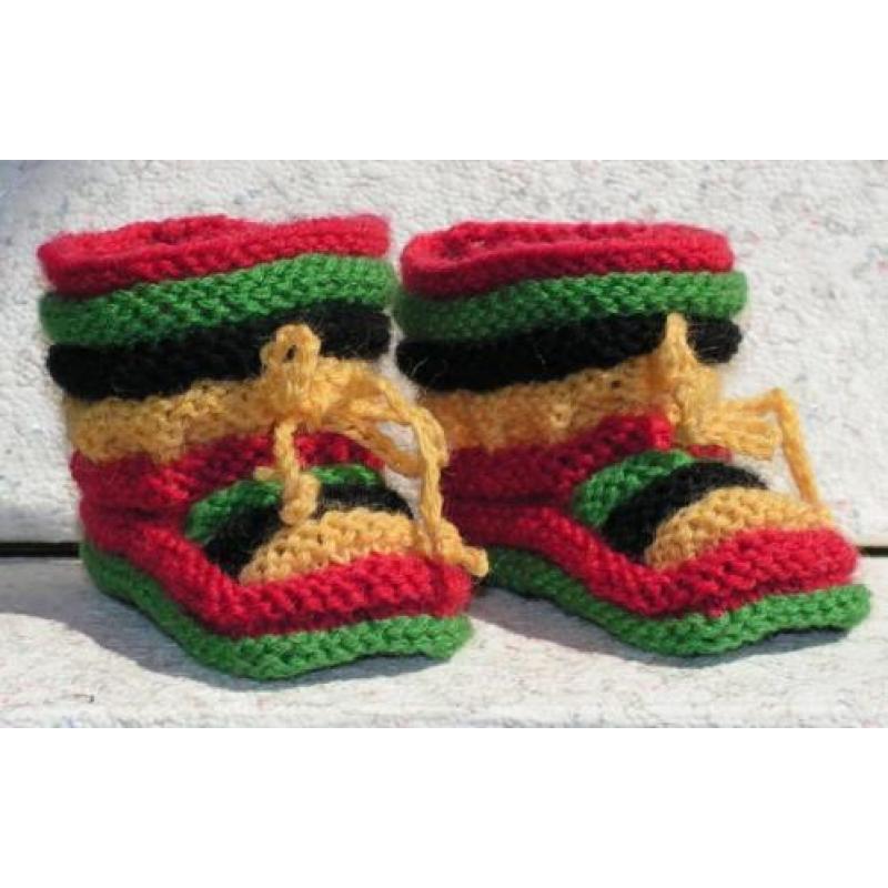 Baby Booties, Reggae, 0-3 maanden, handgebreide slofjes