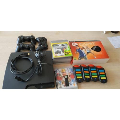 Ps3, 3 controllers, 9 games, incl buzz tv and active 2